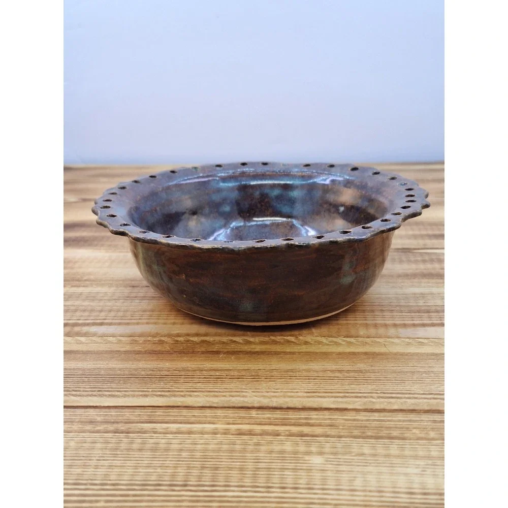 Handcrafted Pottery Bowl Signed Glazed‎ Artisan Reticulated Rim Blue Hue